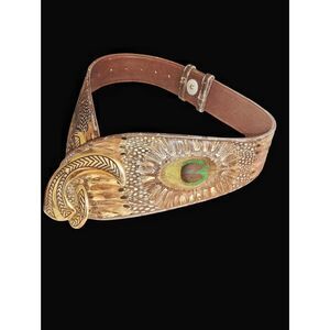 Hand Tooled Leather Wide Peacock Feather Statement Belt Size S